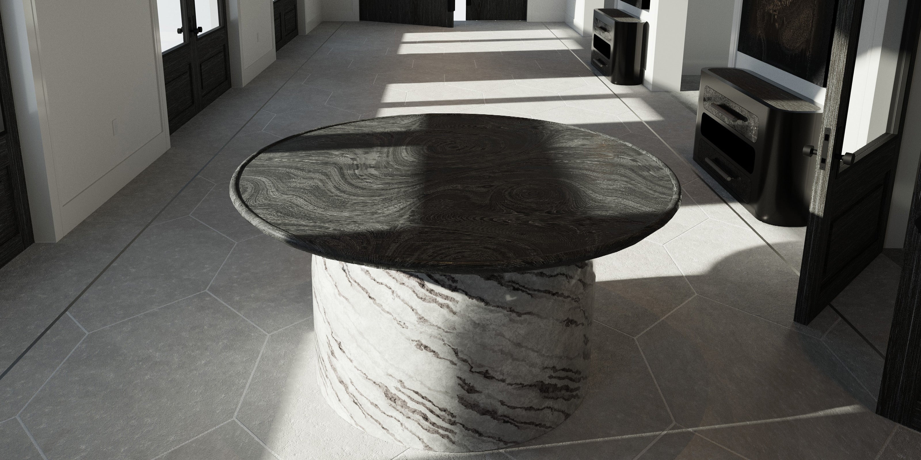 Axis Noire entry table by Joseph Arzuaga of BRONXHILL with circular oak top and marble base in Slateveil Gallery