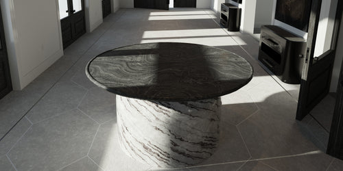Axis Noire entry table by Joseph Arzuaga of BRONXHILL with circular oak top and marble base
