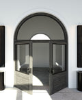 Vault Line glazed entry door with oak frame, arched transom, and black hardware by Joseph Arzuaga of BRONXHILL