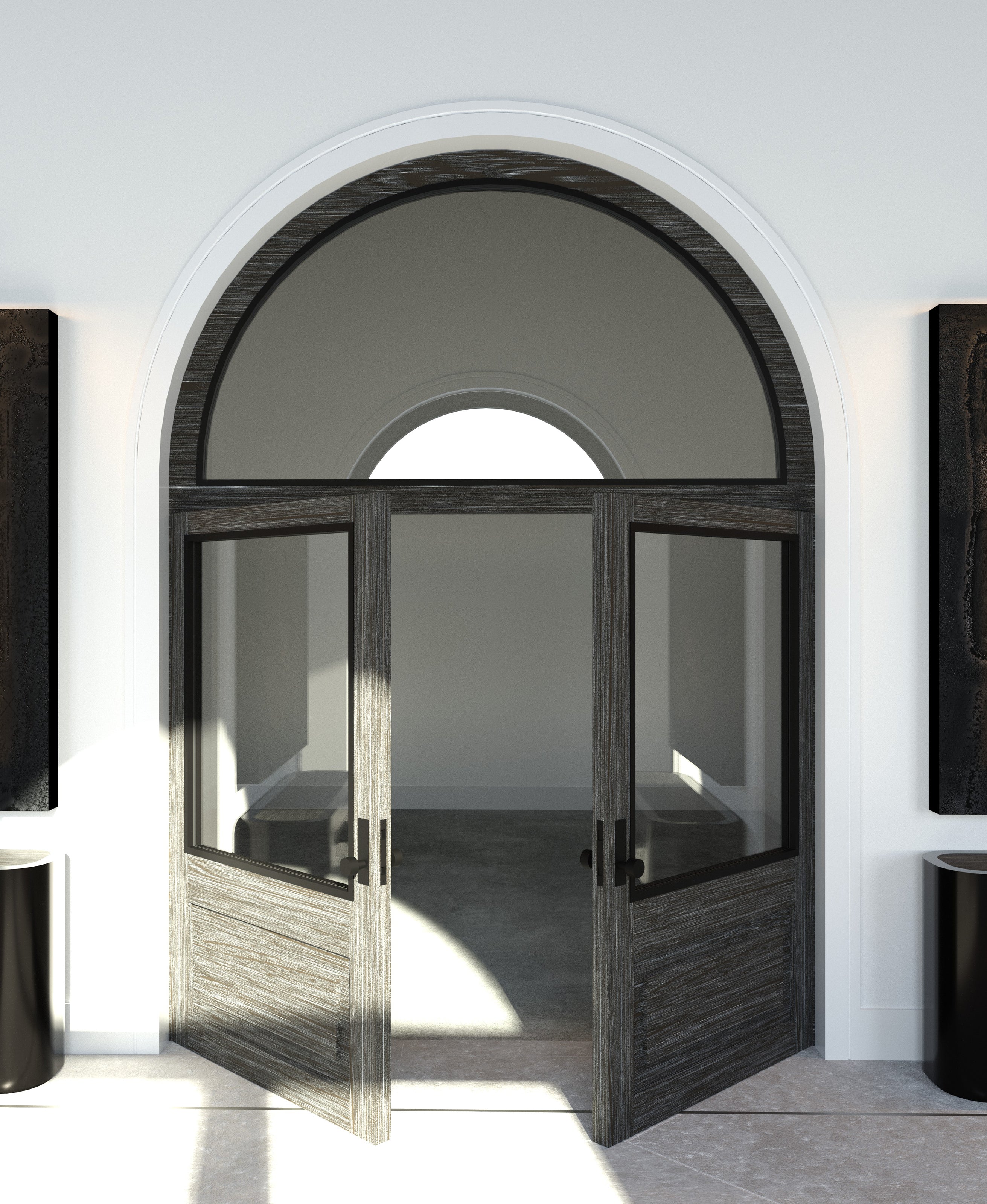 Vault Line glazed entry door with oak frame, arched transom, and black hardware by Joseph Arzuaga of BRONXHILL