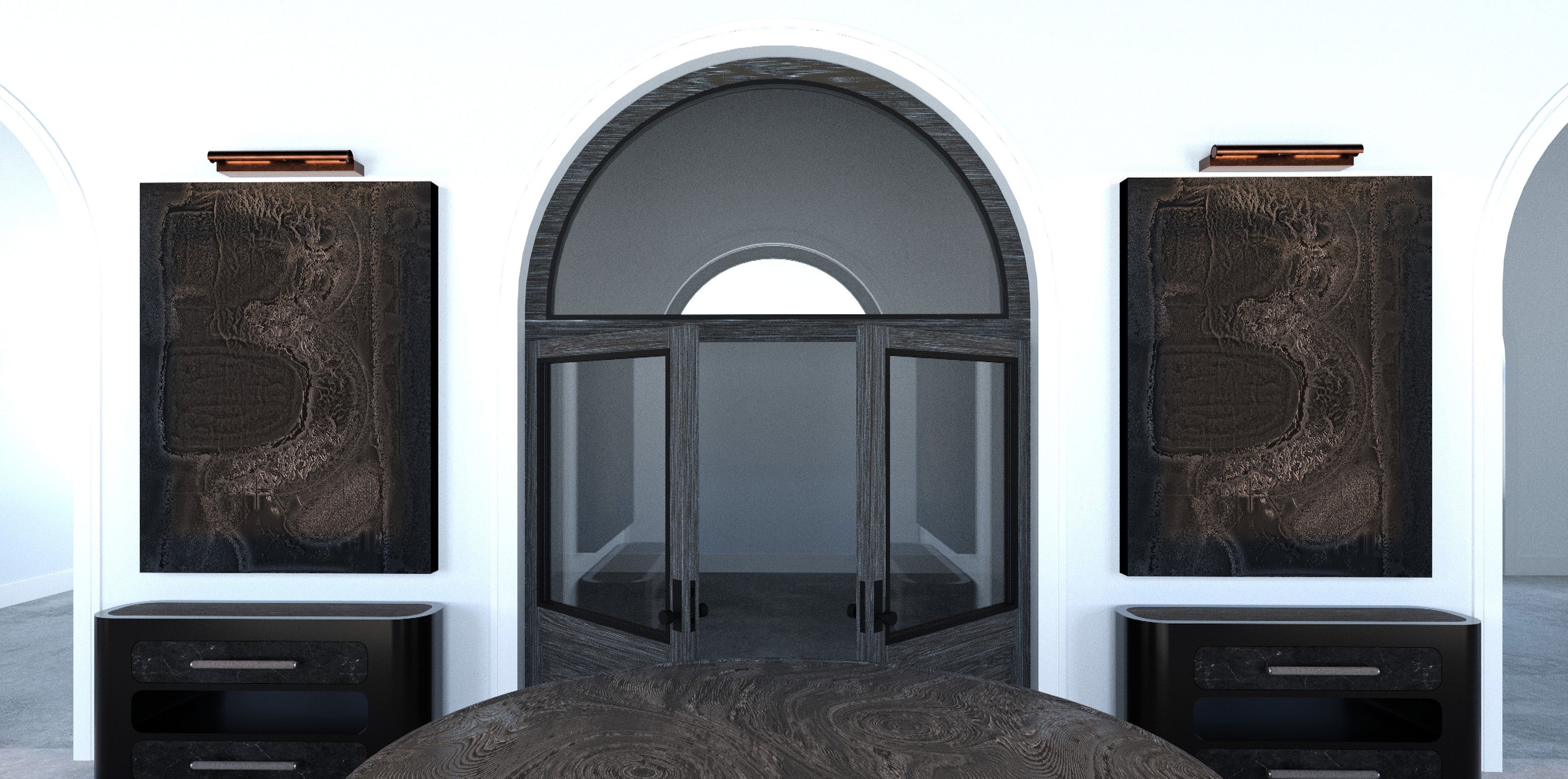 Vault Line glazed entry door with arched transom, Origin Study artwork, and Strata’s Edge console tables by Joseph Arzuaga of BRONXHILL