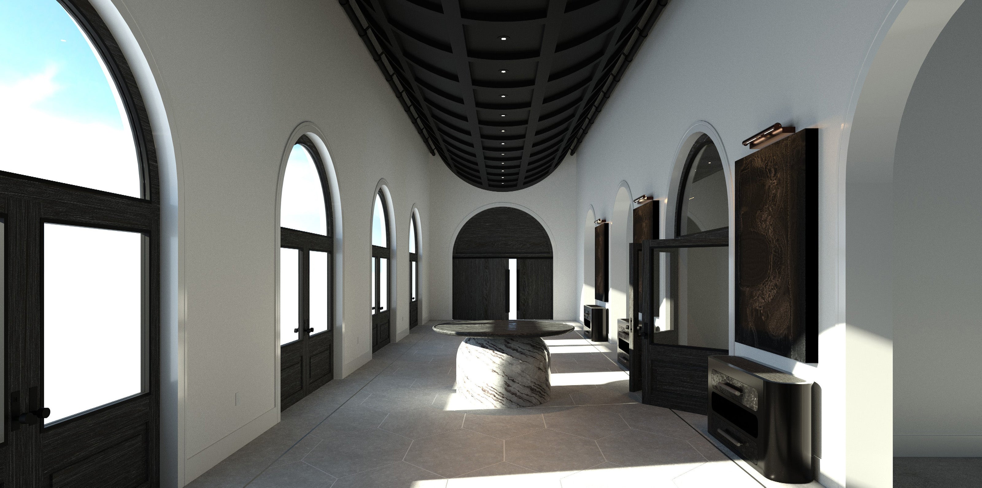 Slateveil Gallery entry hallway environment by Joseph Arzuaga of BRONXHILL with arched openings, vaulted ceiling, and controlled natural light