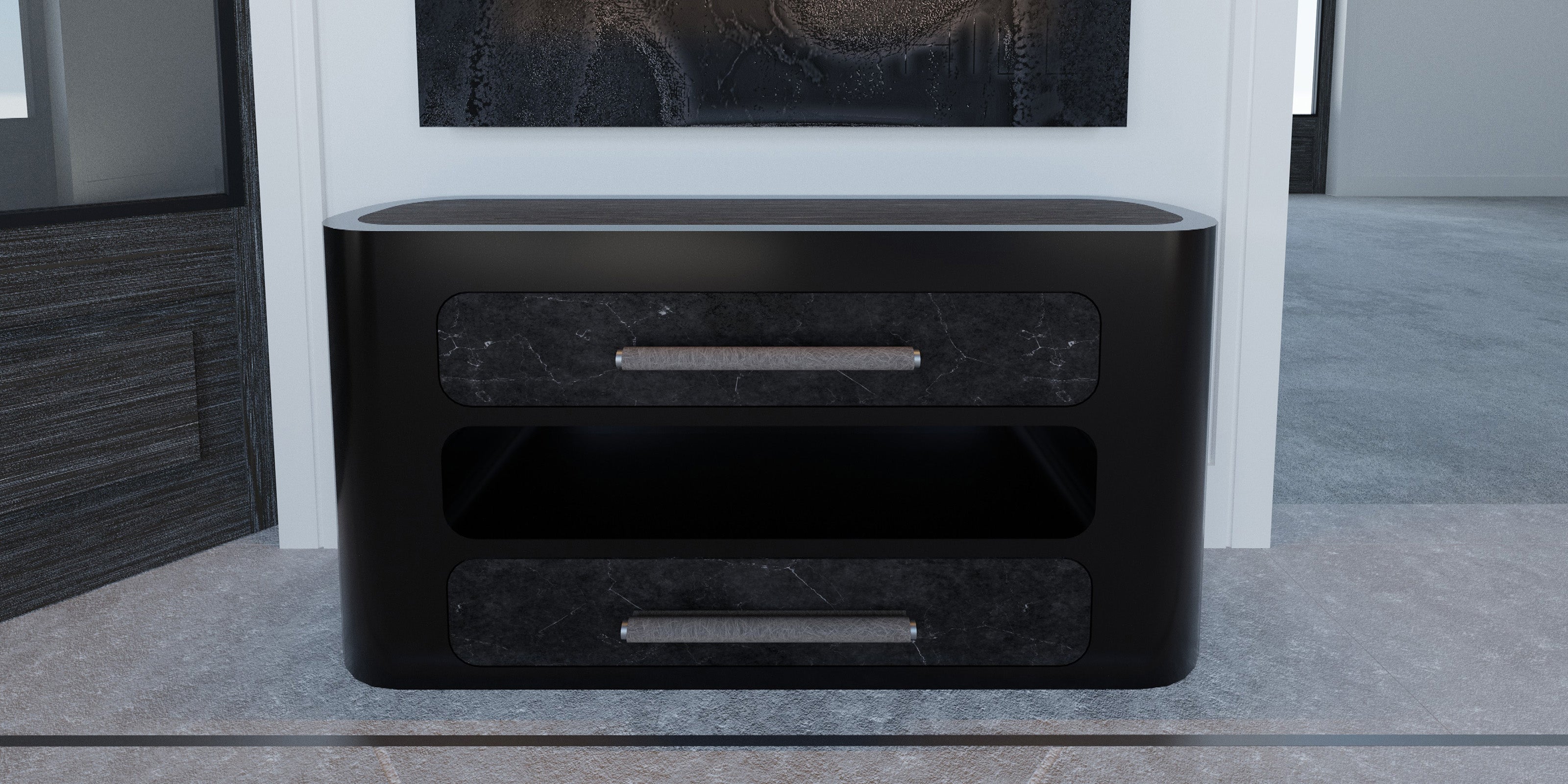 Strata’s Edge console table by Joseph Arzuaga of BRONXHILL with layered stone, wood, metal, and leather