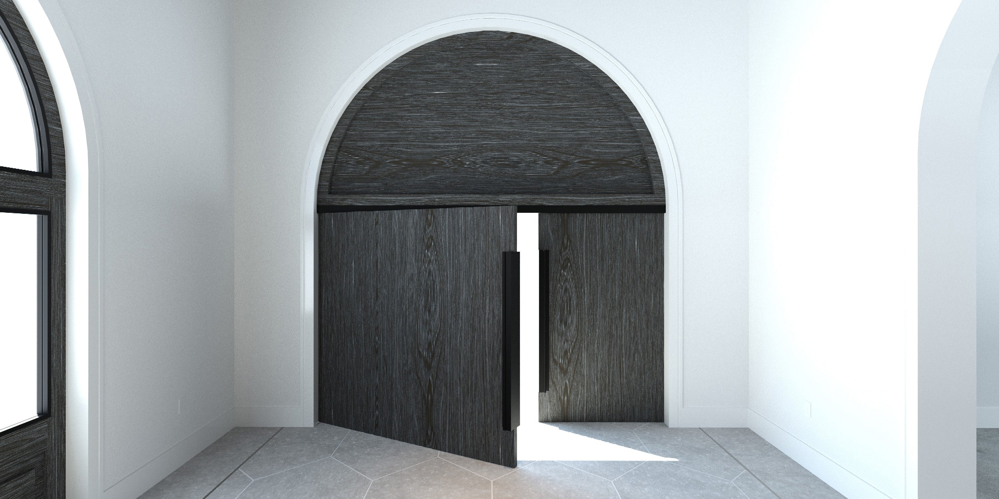 Still Gate entry door by Joseph Arzuaga of BRONXHILL with brushed oak panels and black metal handles